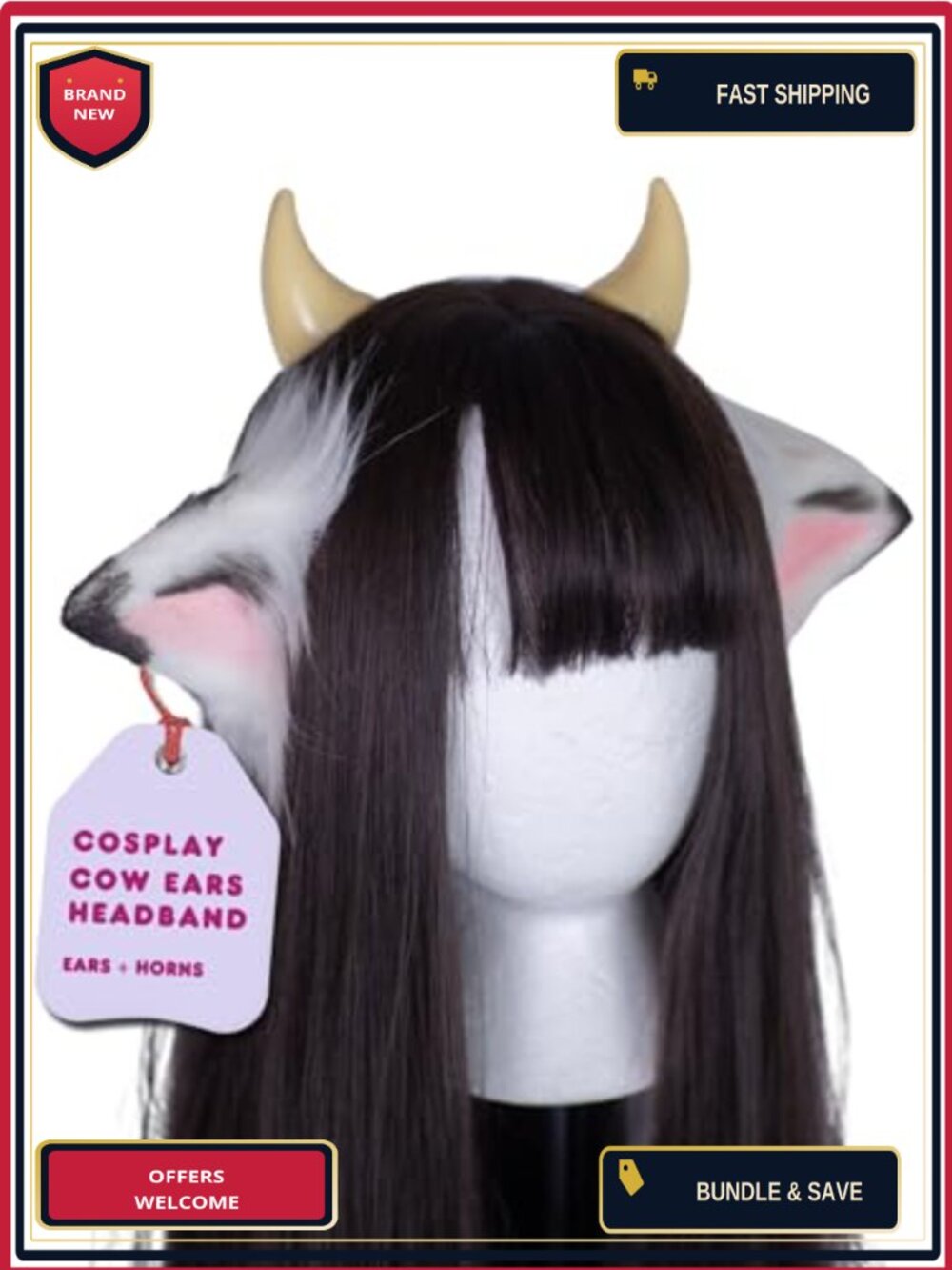 Anime Plush Cow Ears Fur Headband with Devil Horns Cosplay Costume Accessory